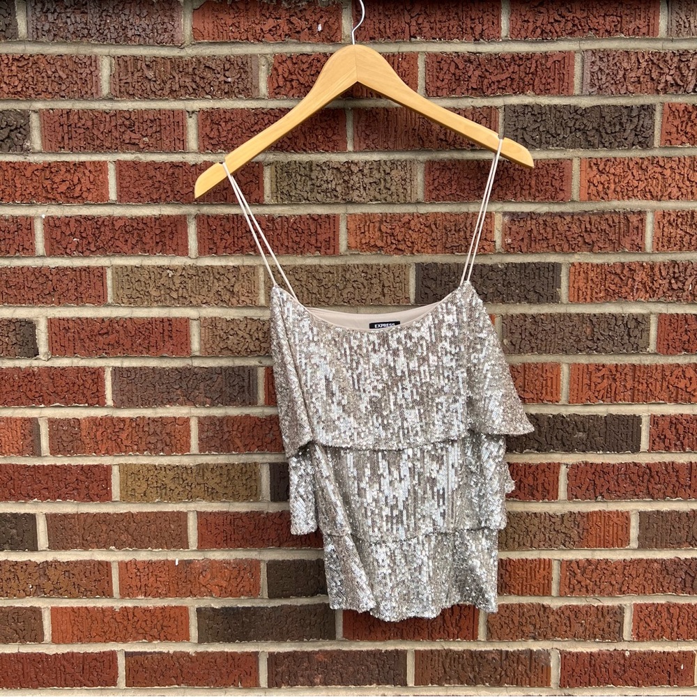 Express Champagne Rose Gold Glittery Sequin Spaghetti Strap Flounce Top - Picture 1 of 6